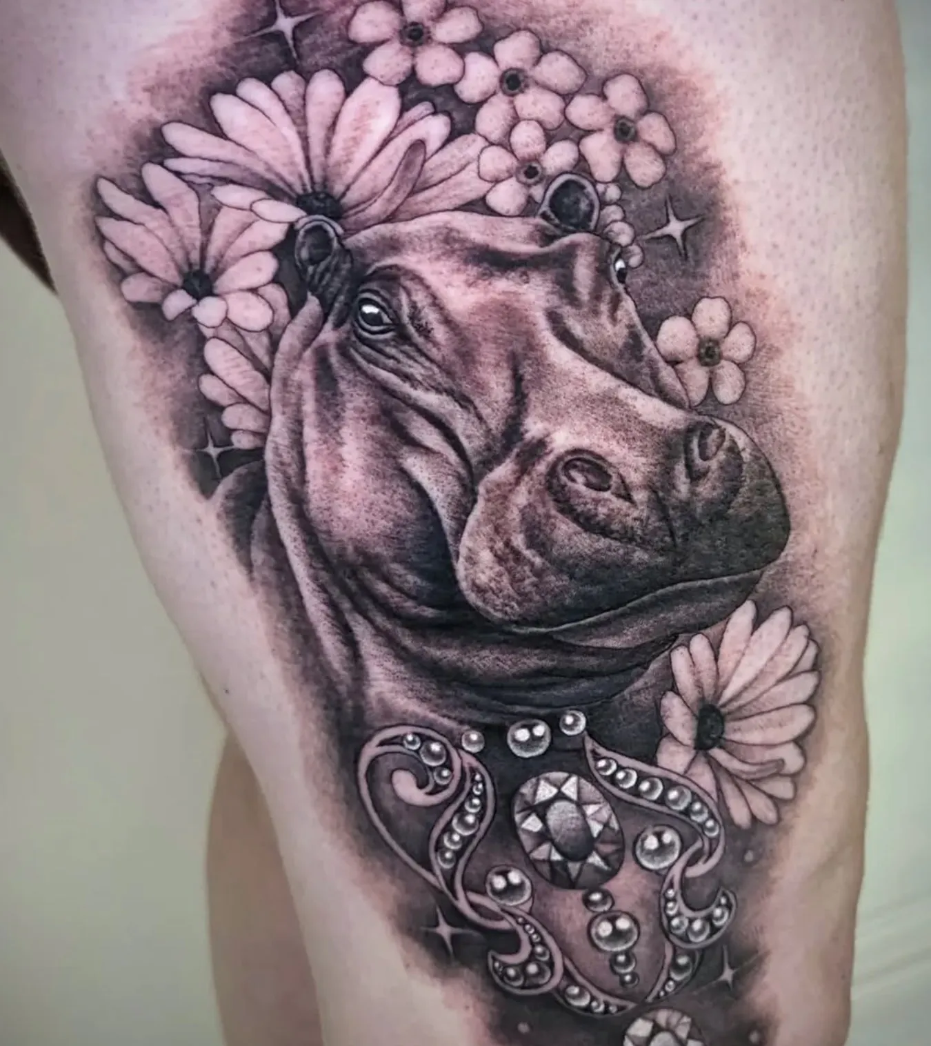 Realistic hippo portrait tattoo with incredible skin texture detail